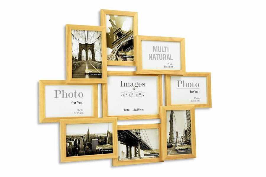 Multirama drewniana Natural 91, zestaw ramek 8 X 10x15 cm, 1 X 13x18 cm - naturalna