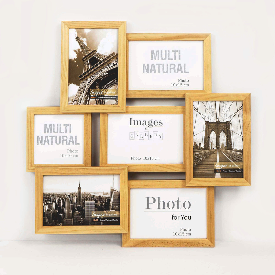 Multirama drewniana Natural 72, zestaw ramek 1 X 10x10 cm, 6 X 10x15 cm - naturalna