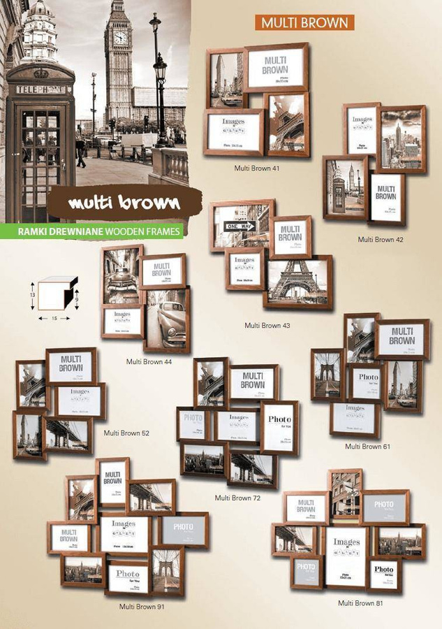 Multirama drewniana Brown 41, zestaw ramek 4 X 10x15 cm - brązowa