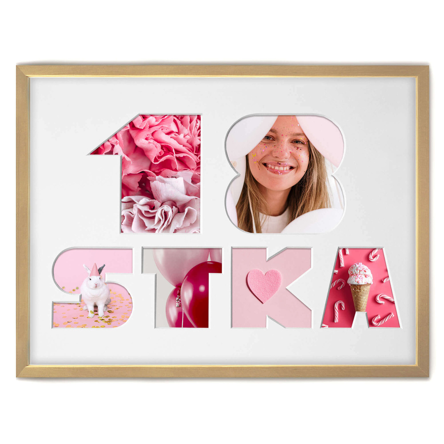 Ramka na 18-ste urodziny w kolorze naturalnego drewna. Ramka z passe partout o rozmiarze 30x40 cm