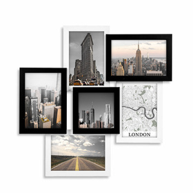 Multirama drewniana Black & White 61, zestaw ramek 1 X 10x10 cm, 5 X 10x15 cm - czarno-biała
