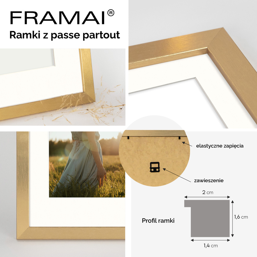 Ramka 50×70 cm w złotym kolorze z passe-partout przeznaczonym na zdjęcia 40×60 cm.