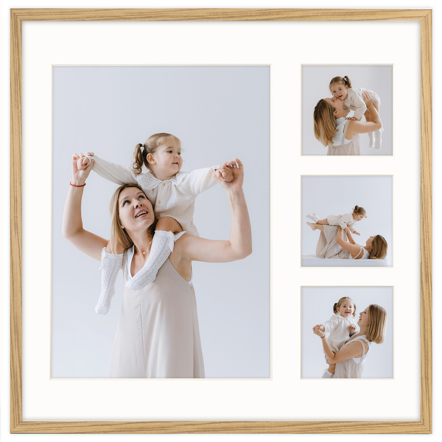Foto galeria 40x40 cm na 4 zdjęcia o wymiarach 21x30 cm i 9x9 cm w dębowym kolorze
