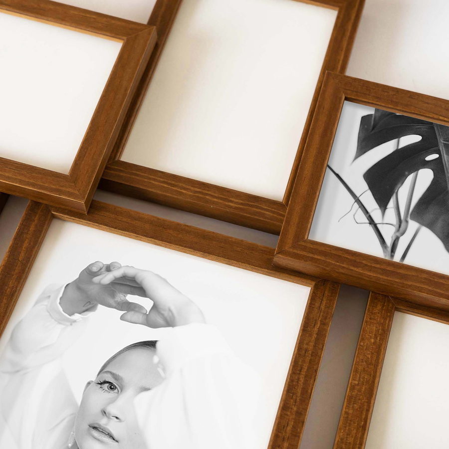 Multirama drewniana Brown 81, zestaw ramek 2 X 10x10 cm, 5 X 10x15 cm, 1 X 15x21 cm - brązowa