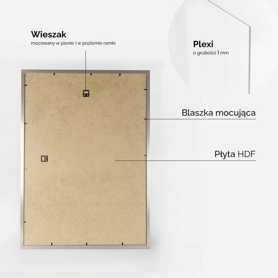 Srebrna ramka z passe partout na zdjęcia w rozmiarze 50x70 cm z okienkiem passe partout 40x60 cm