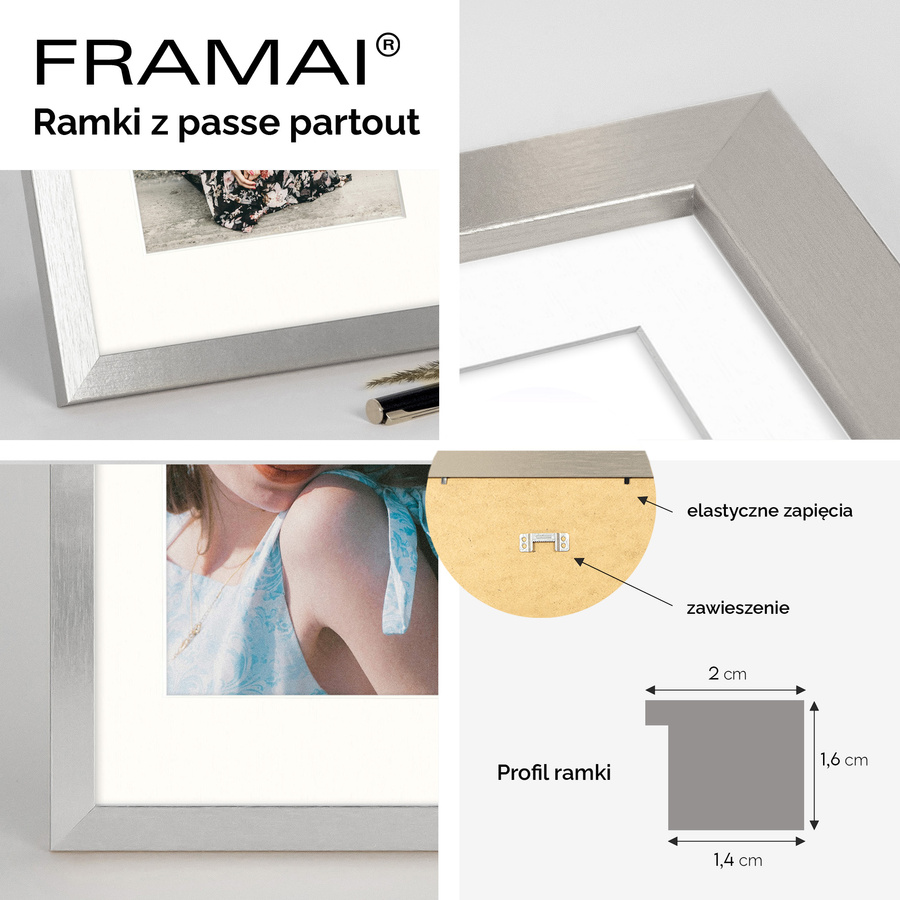 Srebrna ramka z passe partout na zdjęcia w rozmiarze 40x40 cm z okienkiem passe partout 30x30 cm