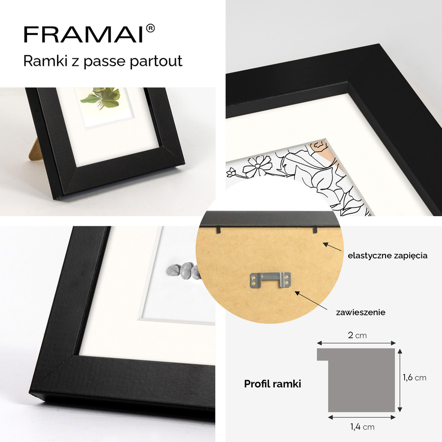 Czarna ramka z passe partout na zdjęcia w rozmiarze 50x50 cm z okienkiem passe partout 40x40 cm