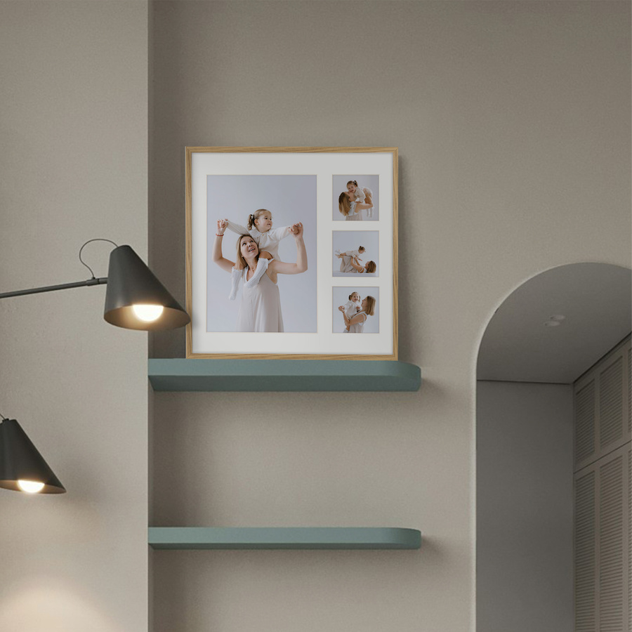 Foto galeria 40x40 cm na 4 zdjęcia o wymiarach 21x30 cm i 9x9 cm w dębowym kolorze