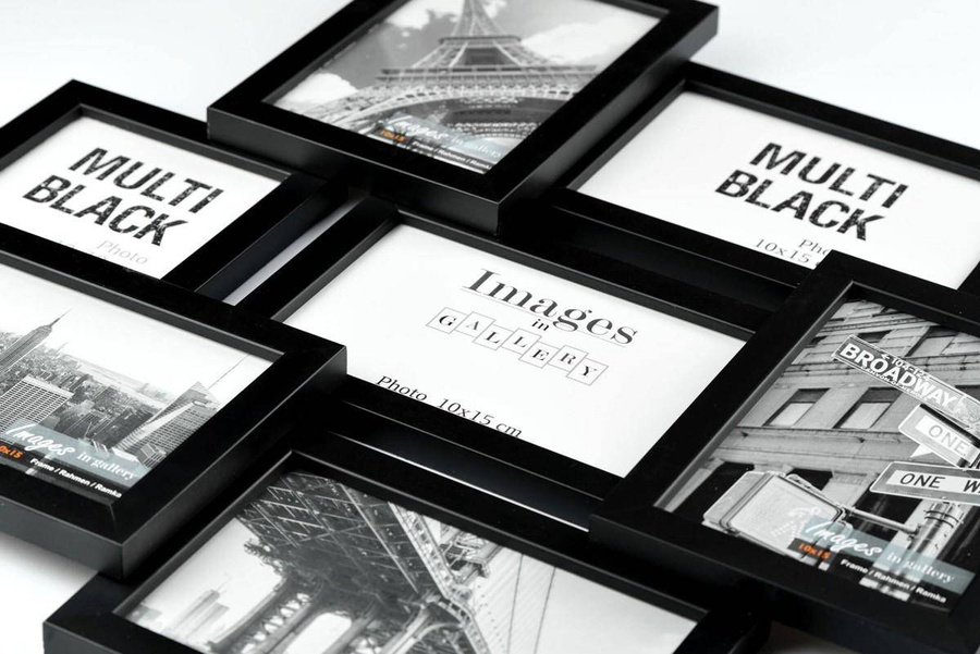 Multirama drewniana Black 72, zestaw ramek 1 X 10x10 cm, 6 X 10x15 cm - czarna