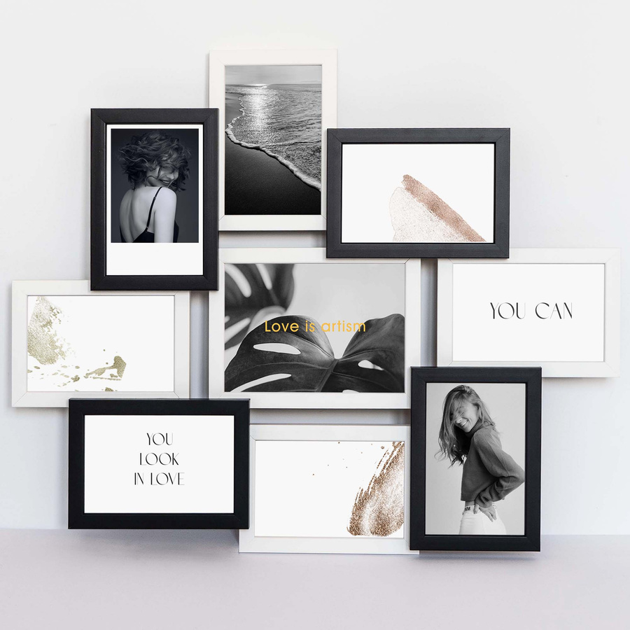 Multirama drewniana Black & White 91, zestaw ramek 8 X 10x15 cm, 1 X 13x18 cm - czarno-biała