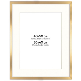 Ramka 40×50 cm w złotym kolorze z passe-partout przeznaczonym na zdjęcia 30×40 cm.