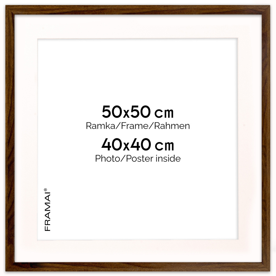 Brązowa ramka z passe partout na zdjęcia w rozmiarze 50X50 cm z okienkiem passe partout 40x40 cm