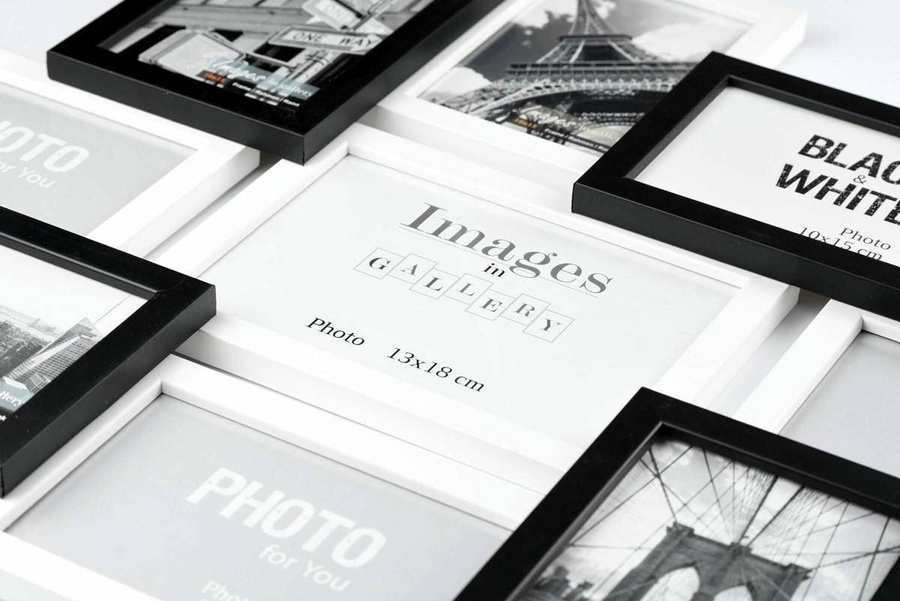 Multirama drewniana Black & White 91, zestaw ramek 8 X 10x15 cm, 1 X 13x18 cm - czarno-biała