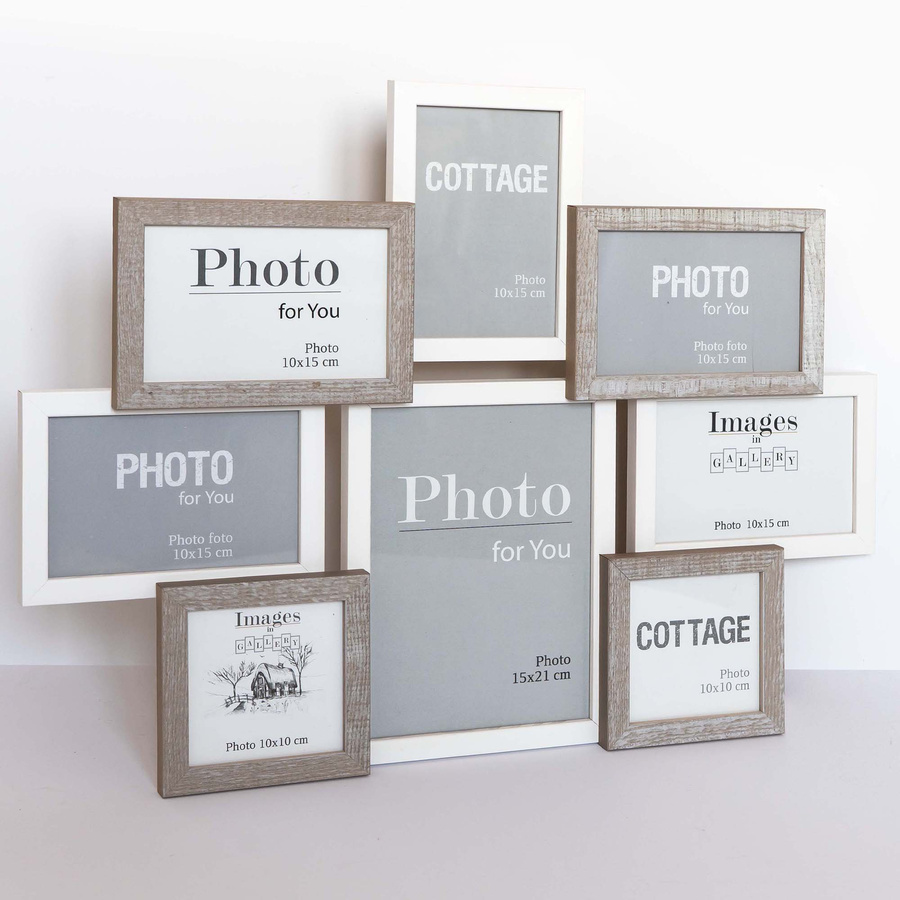 Multirama drewniana Cottage 81, zestaw ramek 2 X 10x10 cm, 5 X 10x15 cm, 1 X 15x21 cm - rustykalna