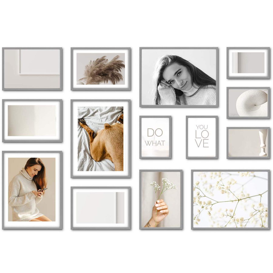 Galeria ścienna PINIA 05 GF0001. Zestaw szarych ramek na ścianę