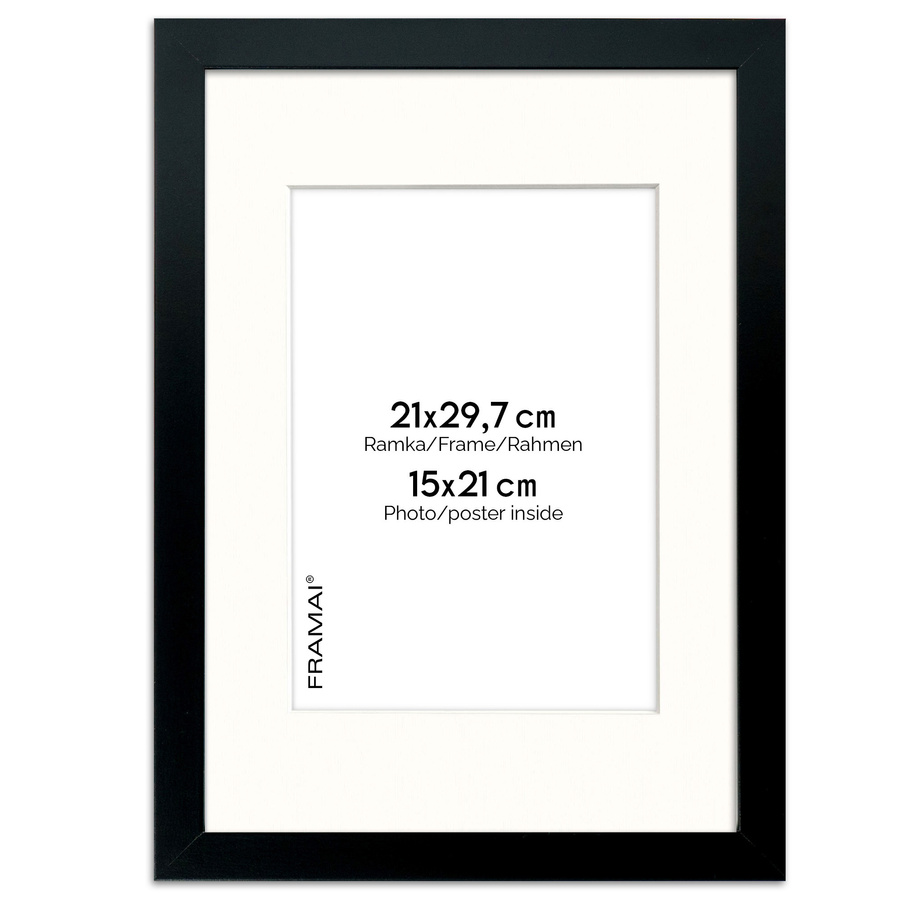 Czarna ramka z passe partout na zdjęcia w rozmiarze 21x29,7 cm z okienkiem passe partout 15x21 cm
