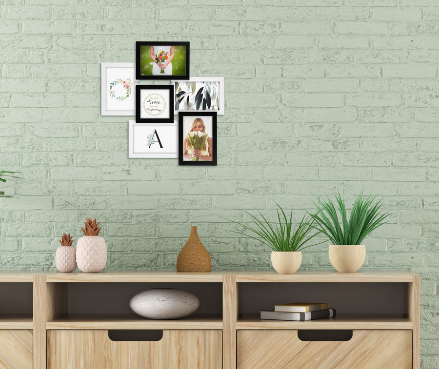 Multirama drewniana Black & White 61, zestaw ramek 1 X 10x10 cm, 5 X 10x15 cm - czarno-biała