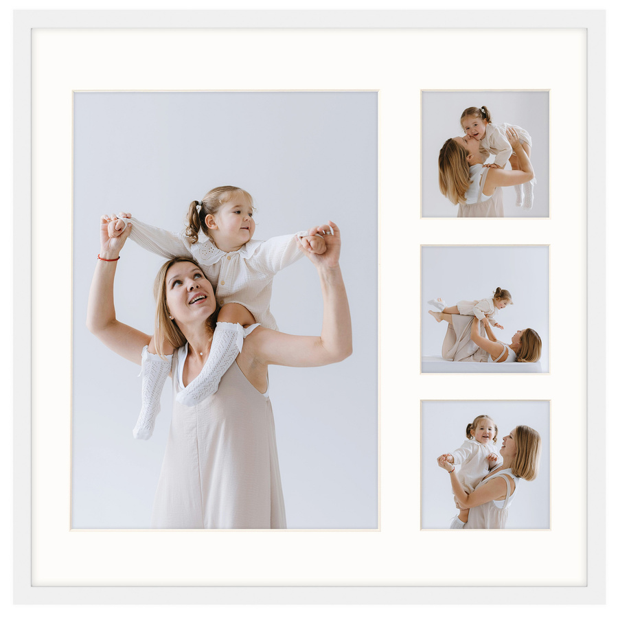Foto galeria 40x40 cm na 4 zdjęcia o wymiarach 21x30 cm i 9x9 cm w białym kolorze