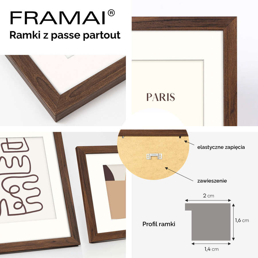 Brązowa ramka z passe partout na zdjęcia w rozmiarze 40x60 cm z okienkiem passe partout 30x40 cm