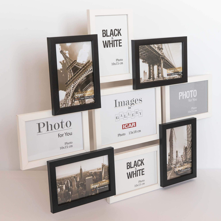 Multirama drewniana Black & White 91, zestaw ramek 8 X 10x15 cm, 1 X 13x18 cm - czarno-biała