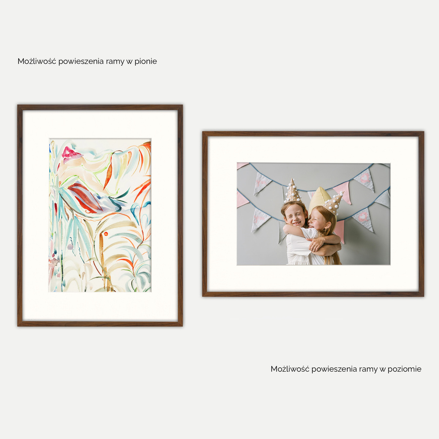 Brązowa ramka z passe partout na zdjęcia w rozmiarze 60x80 cm z okienkiem passe partout 40x60 cm