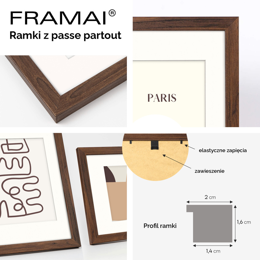 Brązowa ramka z passe partout na zdjęcia w rozmiarze 30x30 cm z okienkiem passe partout 20x20 cm