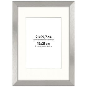 Srebrna ramka z passe partout na zdjęcia w rozmiarze 21X29,7 cm z okienkiem passe partout 15x21 cm