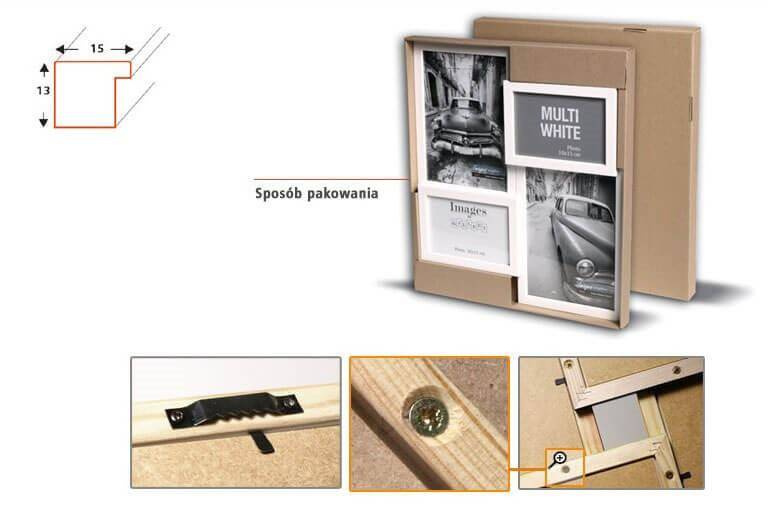 Multirama drewniana White 44, zestaw ramek 2 X 10x15 cm, 2 X 15x21 cm - biała