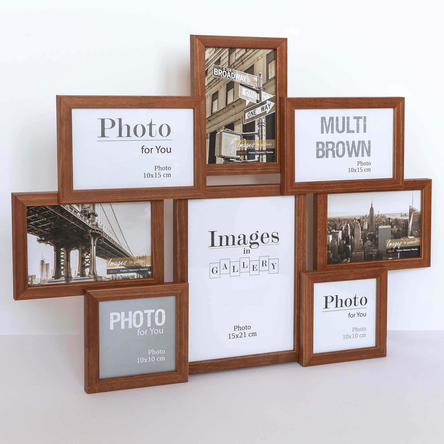 Multirama drewniana Brown 81, zestaw ramek 2 X 10x10 cm, 5 X 10x15 cm, 1 X 15x21 cm - brązowa