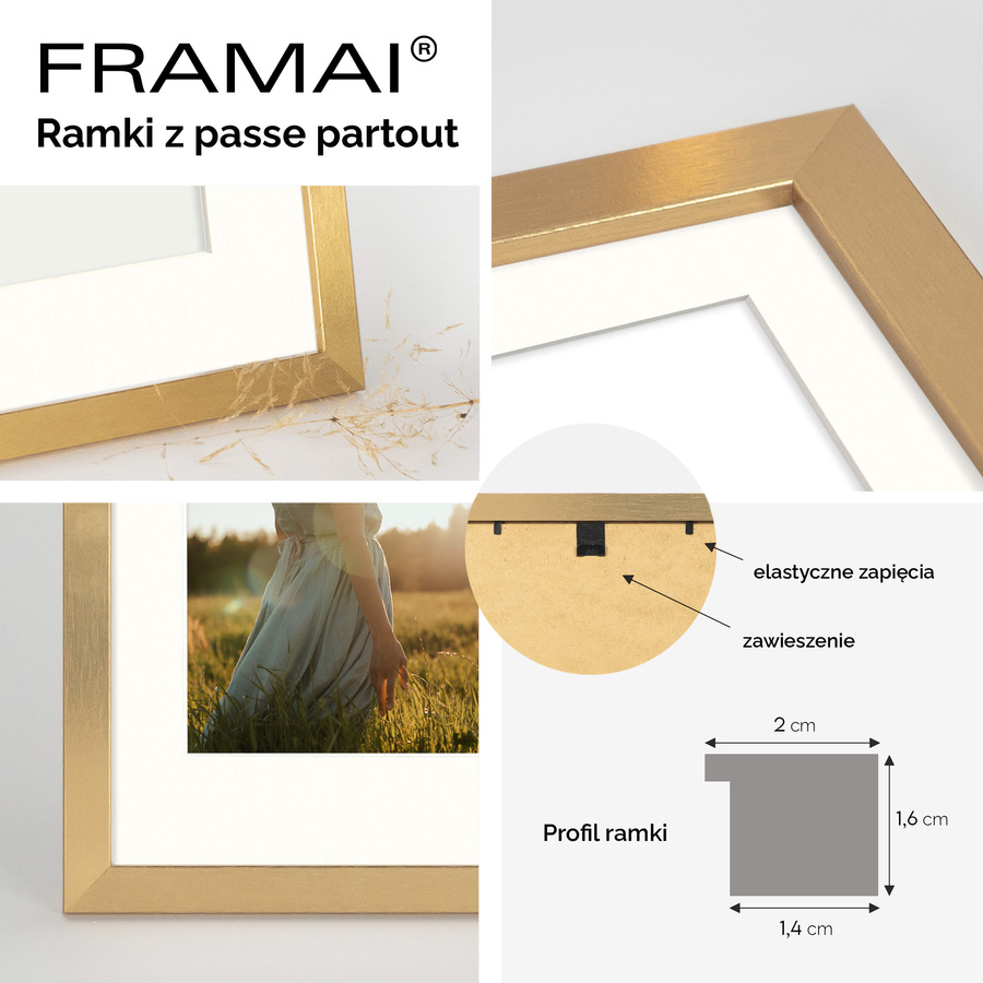 Złota ramka z passe partout na zdjęcia w rozmiarze 21X29,7 cm z okienkiem passe partout 15x21 cm