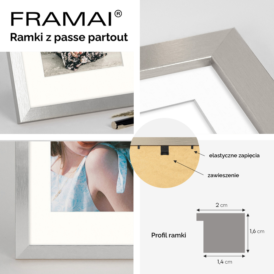 Srebrna ramka z passe partout na zdjęcia w rozmiarze 21X29,7 cm z okienkiem passe partout 15x21 cm