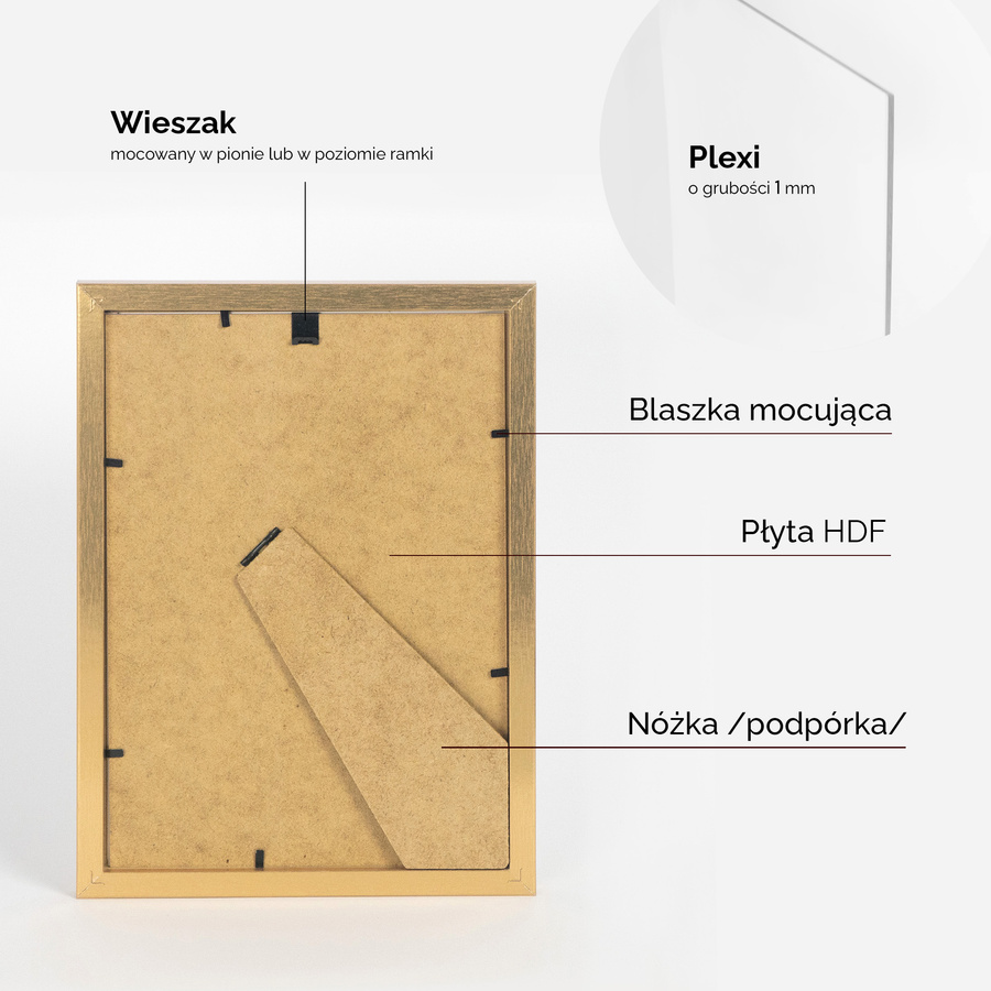 Złota ramka z passe partout na zdjęcia w rozmiarze 21X29,7 cm z okienkiem passe partout 15x21 cm