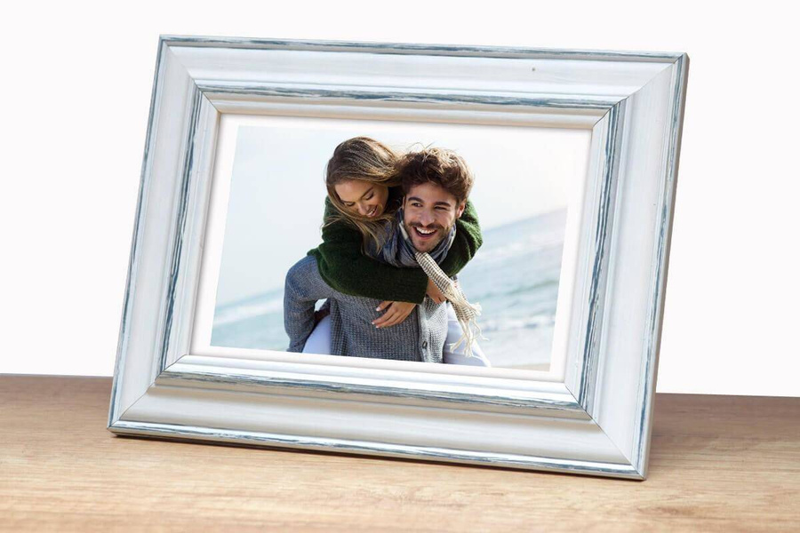 Ramka drewniana MAROTTA 2816, fotoramka na zdjęcia, plakaty lub obrazy - kolor biało-niebieski, przetarcia