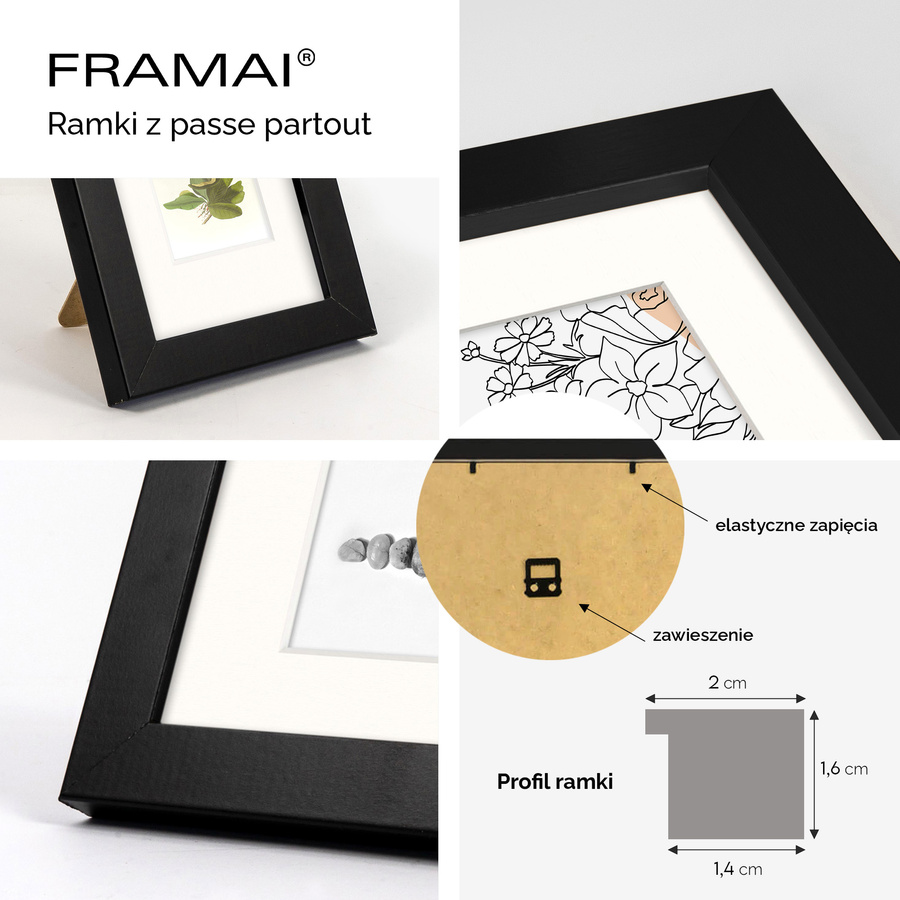 Ramka z passe partout na zdjęcia w rozmiarze 70x100 cm z okienkiem passe partout 60x80 cm