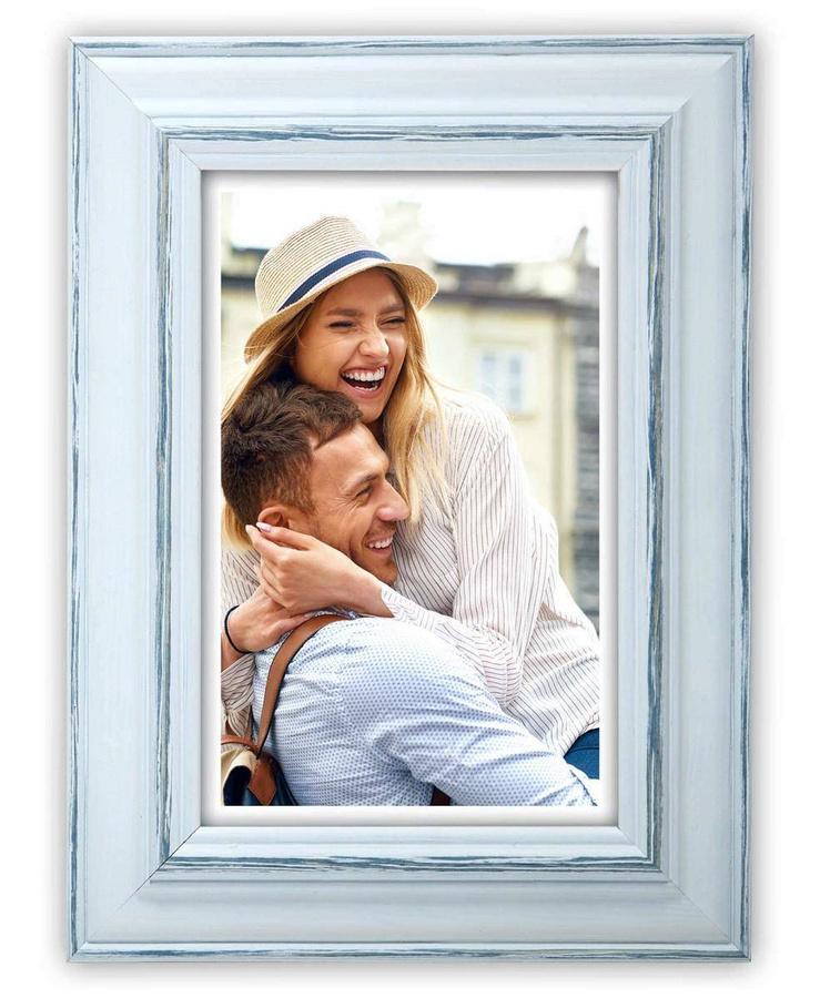 Ramka drewniana MAROTTA 2816, fotoramka na zdjęcia, plakaty lub obrazy - kolor biało-niebieski, przetarcia
