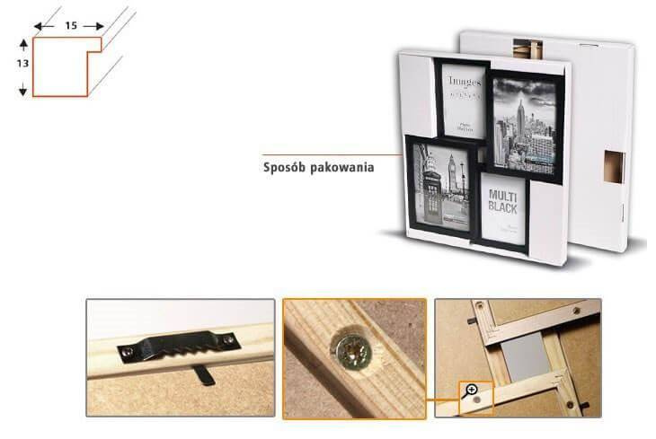 Multirama drewniana Black 61, zestaw ramek 1 X 10x10 cm, 5 X 10x15 cm - czarna