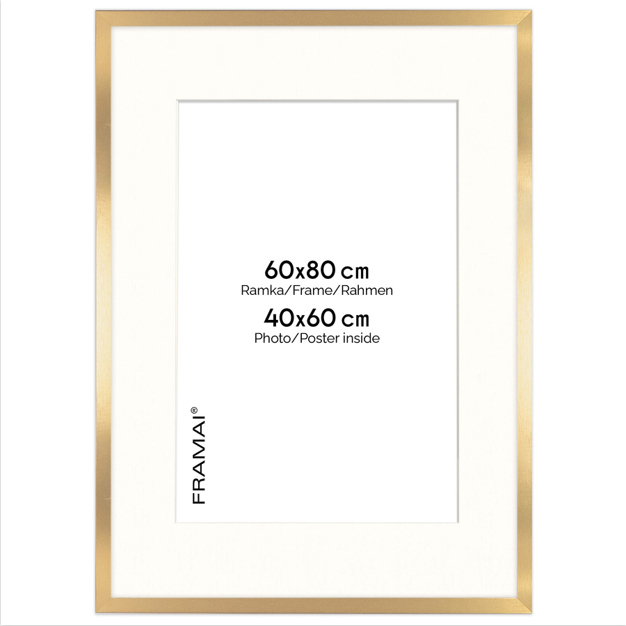 Ramka 60×80 cm w złotym kolorze z passe-partout przeznaczonym na zdjęcia 40×60 cm.