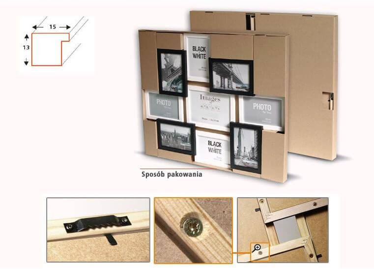 Multirama drewniana Black & White 91, zestaw ramek 8 X 10x15 cm, 1 X 13x18 cm - czarno-biała