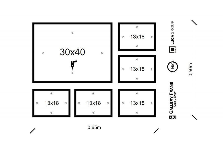 Galeria ścienna PINIA 00 GF0002. Zestaw dębowych ramek na ścianę