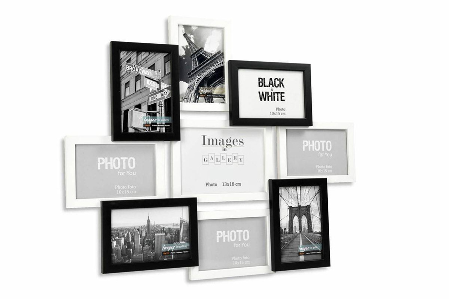 Multirama drewniana Black & White 91, zestaw ramek 8 X 10x15 cm, 1 X 13x18 cm - czarno-biała