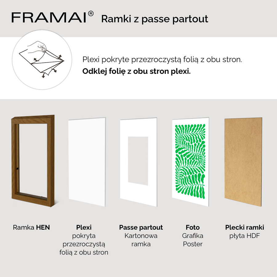 Brązowa ramka z passe partout na zdjęcia w rozmiarze 70X100 cm z okienkiem passe partout 50x70 cm