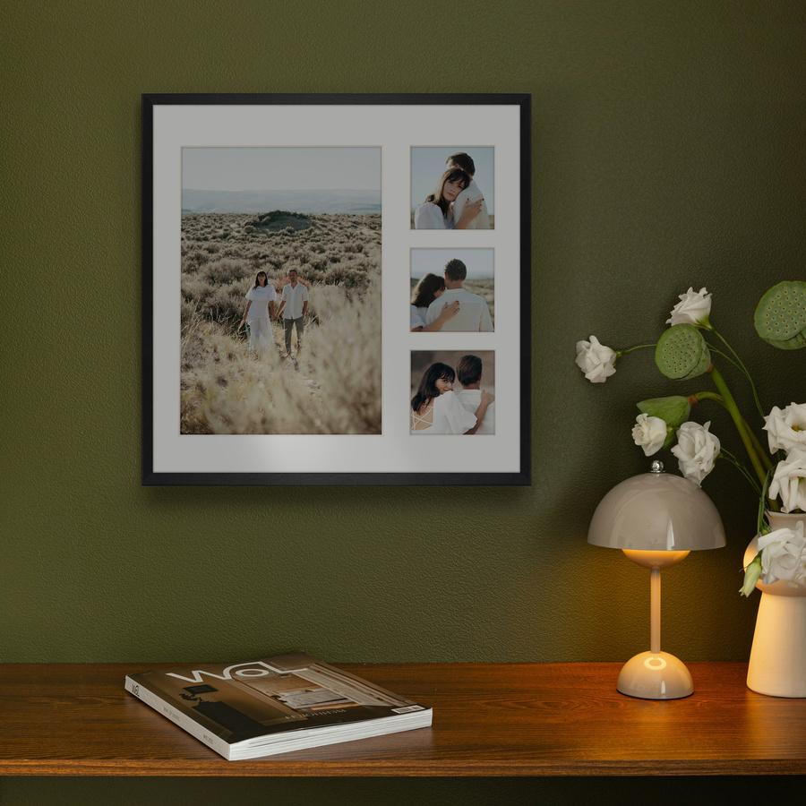 Foto galeria 40x40 cm na 4 zdjęcia o wymiarach 21x30 cm i 9x9 cm w czarnym kolorze