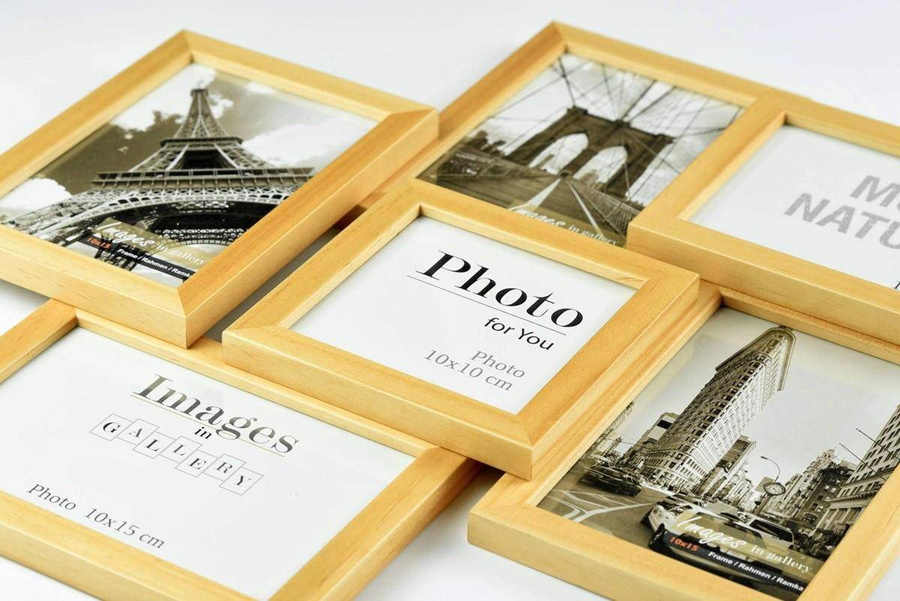 Multirama drewniana Natural 61, zestaw ramek 1 X 10x10 cm, 5 X 10x15 cm - naturalna