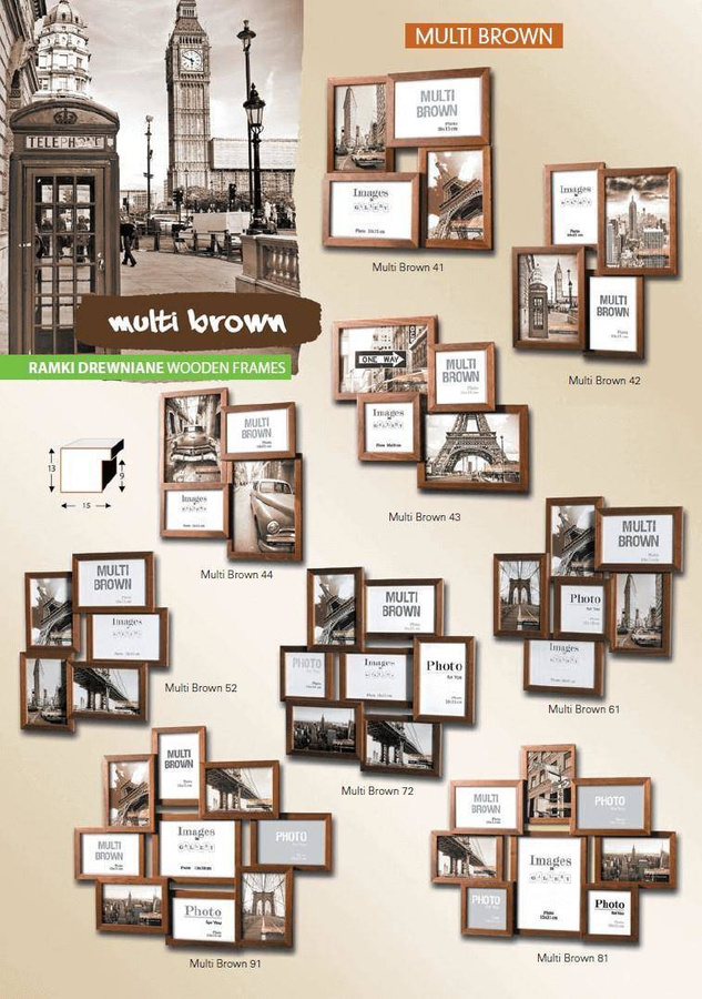 Multirama drewniana Brown 42, zestaw ramek 2 X 10x15 cm, 2 X 13x18 cm - brązowa