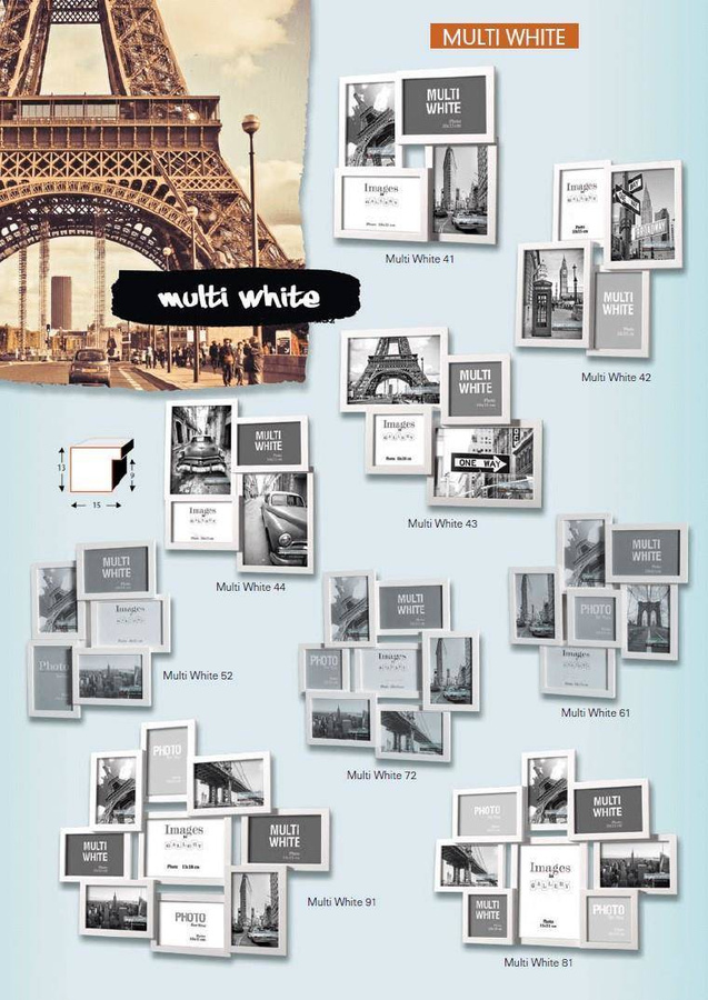 Multirama drewniana White 72, zestaw ramek 1 X 10x10 cm, 6 X 10x15 cm - biała