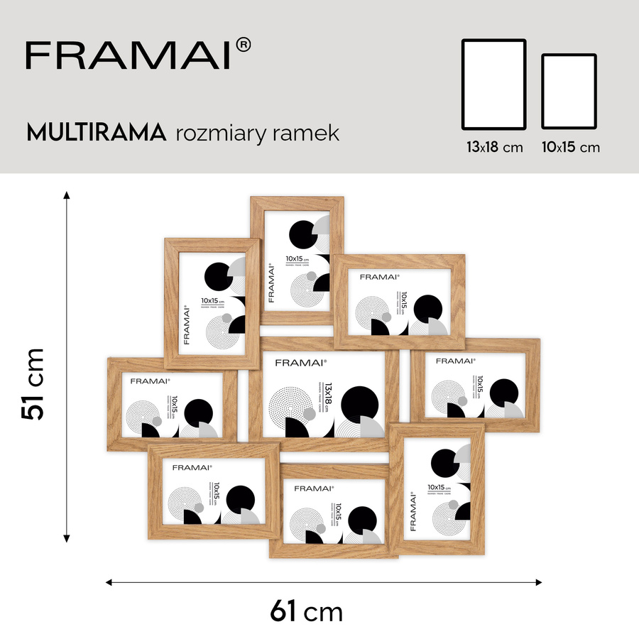 Multirama w dębowym kolorze MULTI HEN 01 na 9 zdjęć ramka na zdjęcia