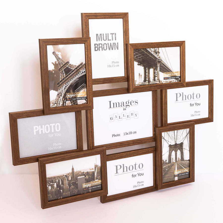 Multirama drewniana Brown 91, zestaw ramek 8 X 10x15 cm, 1 X 13x18 cm - brązowa