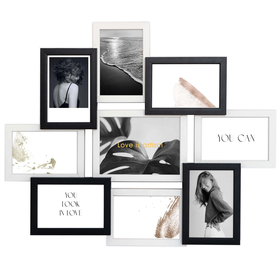 Multirama drewniana Black & White 91, zestaw ramek 8 X 10x15 cm, 1 X 13x18 cm - czarno-biała