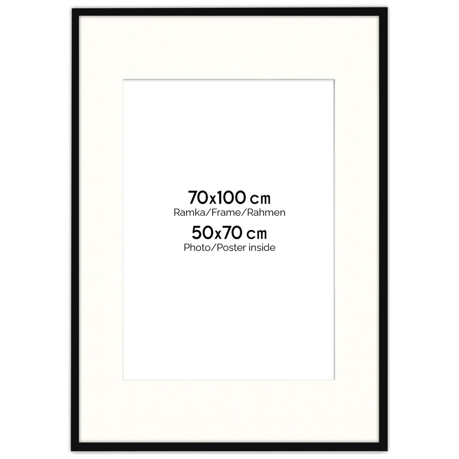 Czarna ramka z passe partout na zdjęcia w rozmiarze 70x100 cm z okienkiem passe partout 50x70 cm