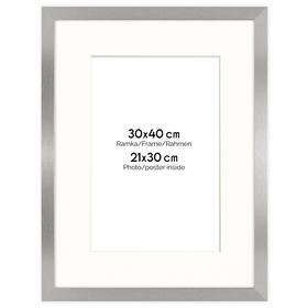 Srebrna ramka z passe partout na zdjęcia w rozmiarze 30x40 cm z okienkiem passe partout 21x30 cm